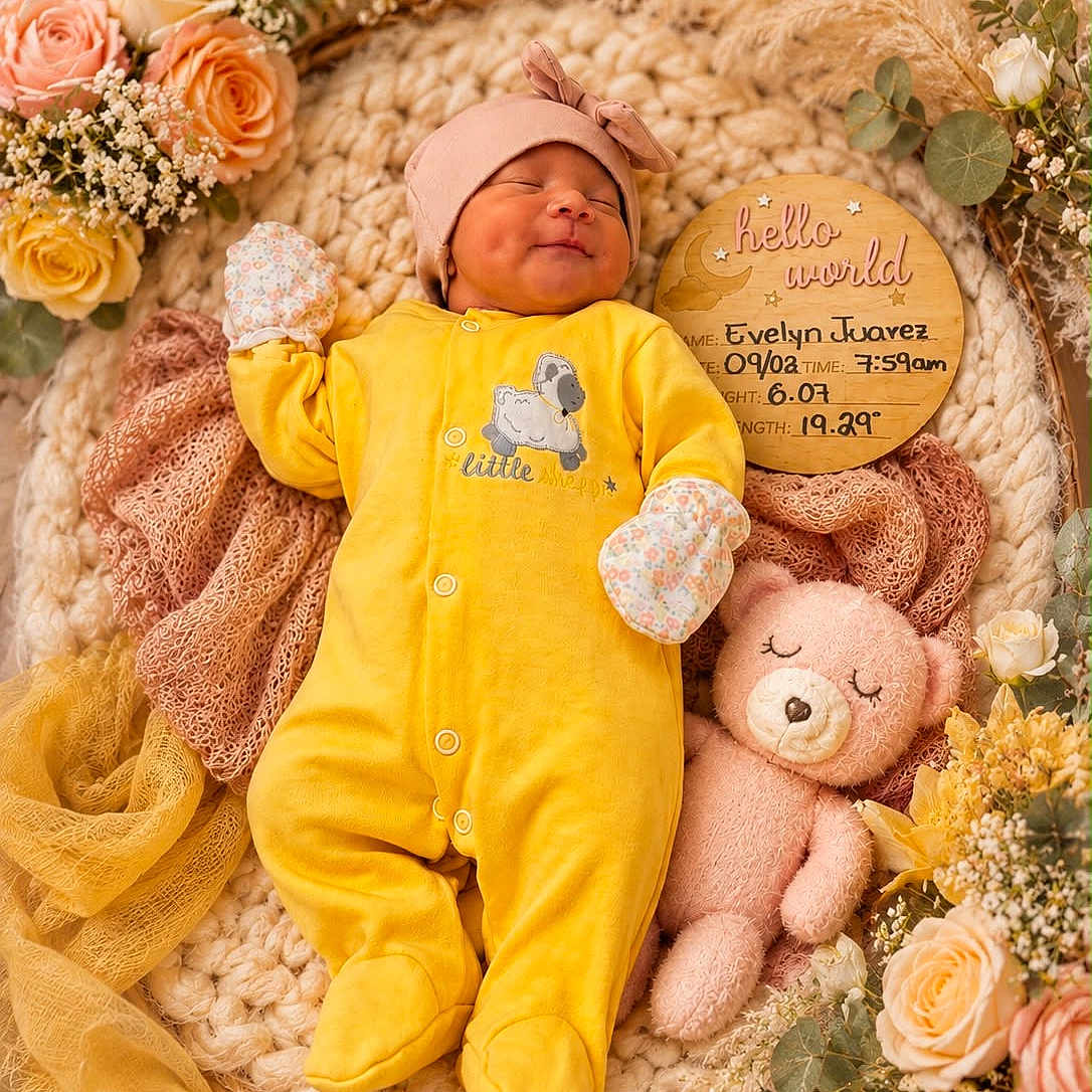 Evelyn joined the competition — help win amazing prizes! newborn, baby, sleeping, portrait, yellow_outfit, onesie, bonnet, mittens, teddy_bear, flowers, roses, dried_flowers, floral_arrangement, knitted_blanket, basket, wooden_sign, birth_announcement, nursery, cozy, infant
