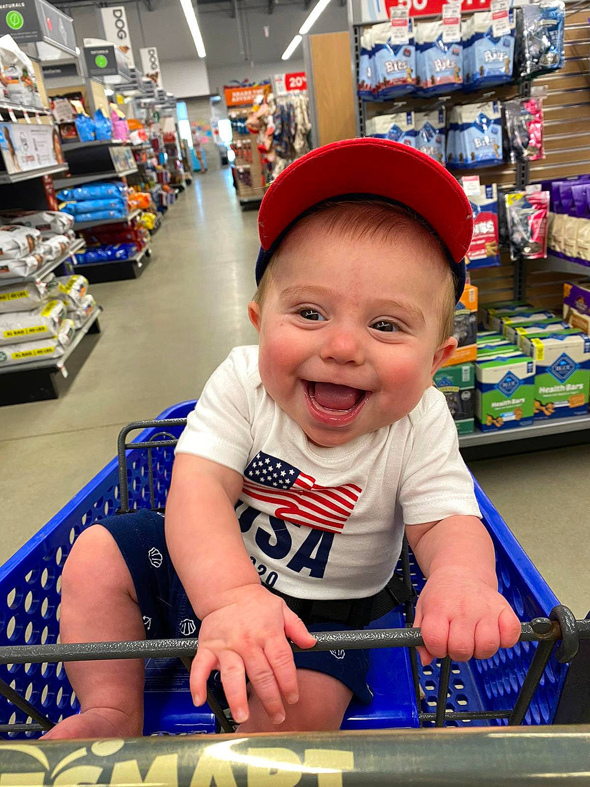 Carter joined the competition — help win amazing prizes! baseball_cap, child, community, convenience_store, customer, fun, happy, joy, leisure, people, person, photograph, product, retail, shelf, shopping, shopping_cart, shorts, smile, standing