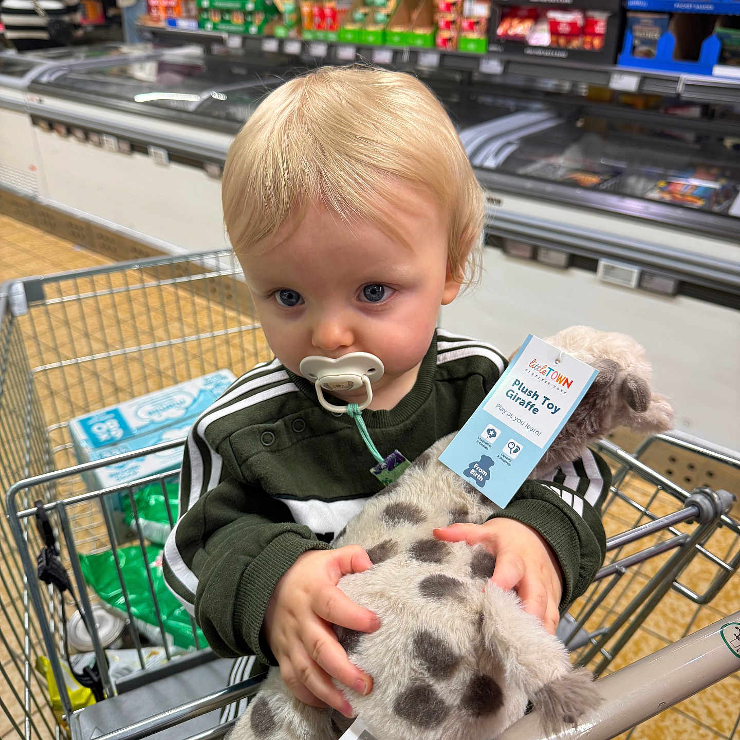 Noah joined the competition — help win amazing prizes! aisle, blond_hair, blue_eyes, child, clothing, floor, giraffe, green_jacket, hand, holding, metal, pacifier, person, plush_toy, products, shopping, shopping_cart, supermarket, toddler, toy
