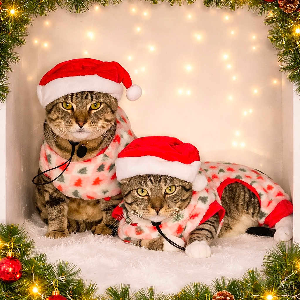 Kevin And Sox joined the competition — help win amazing prizes! cat, tabby_cat, christmas_hat, christmas_pajamas, holiday, festive, decorations, pine_garland, ornaments, pine_cones, fairy_lights, twinkling_lights, cozy, cute, pets, animals, indoor, holiday_season, red, green