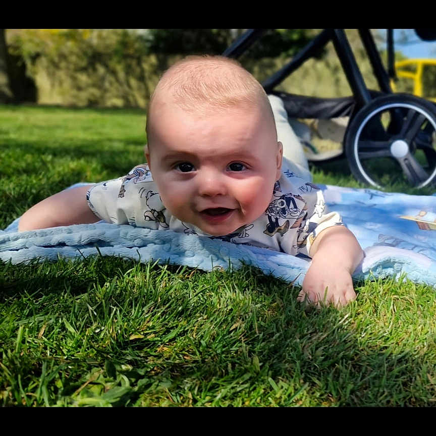 Oliver is registered to the contest to win money with this photo: baby, blanket, child, clothing, curious, cute, daylight, face, grass, happy, head, infant, nature, outdoor, person, smile, stroller, sunlight, wheel, young