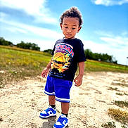 Noel joined the competition — help win amazing prizes! blue_shorts, boy, casual_clothing, child, clouds, daylight, dirt_path, fashion, grass, jordan_tshirt, nature, outdoor, person, portrait, sky, smiling, sneakers, standing, sunny, young