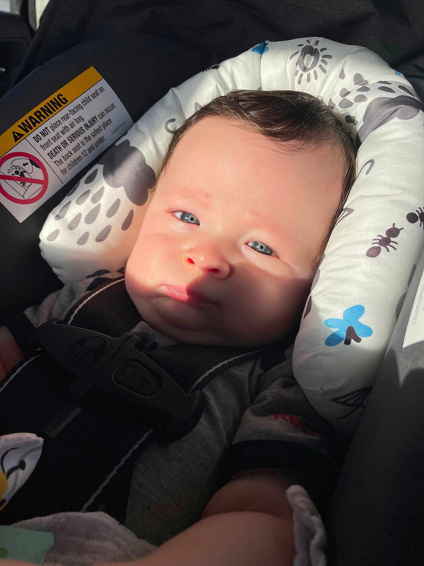 Juhsiya is registered to the contest to win money with this photo: baby, child, car_seat, blue_eyes, sunlight, shadow, infant, seatbelt, comfort, cute, face, headrest, patterned_cushion, clothing, straps, safety, portrait, indoors, closeup, expression