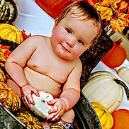 Wyatt joined the competition — help win amazing prizes! baby, child, pumpkin, autumn, fall, metal_tub, water, orange, yellow, white_pumpkin, striped_pumpkin, leaves, smiling, cute, seasonal, outdoor, harvest, festive, nature, portrait