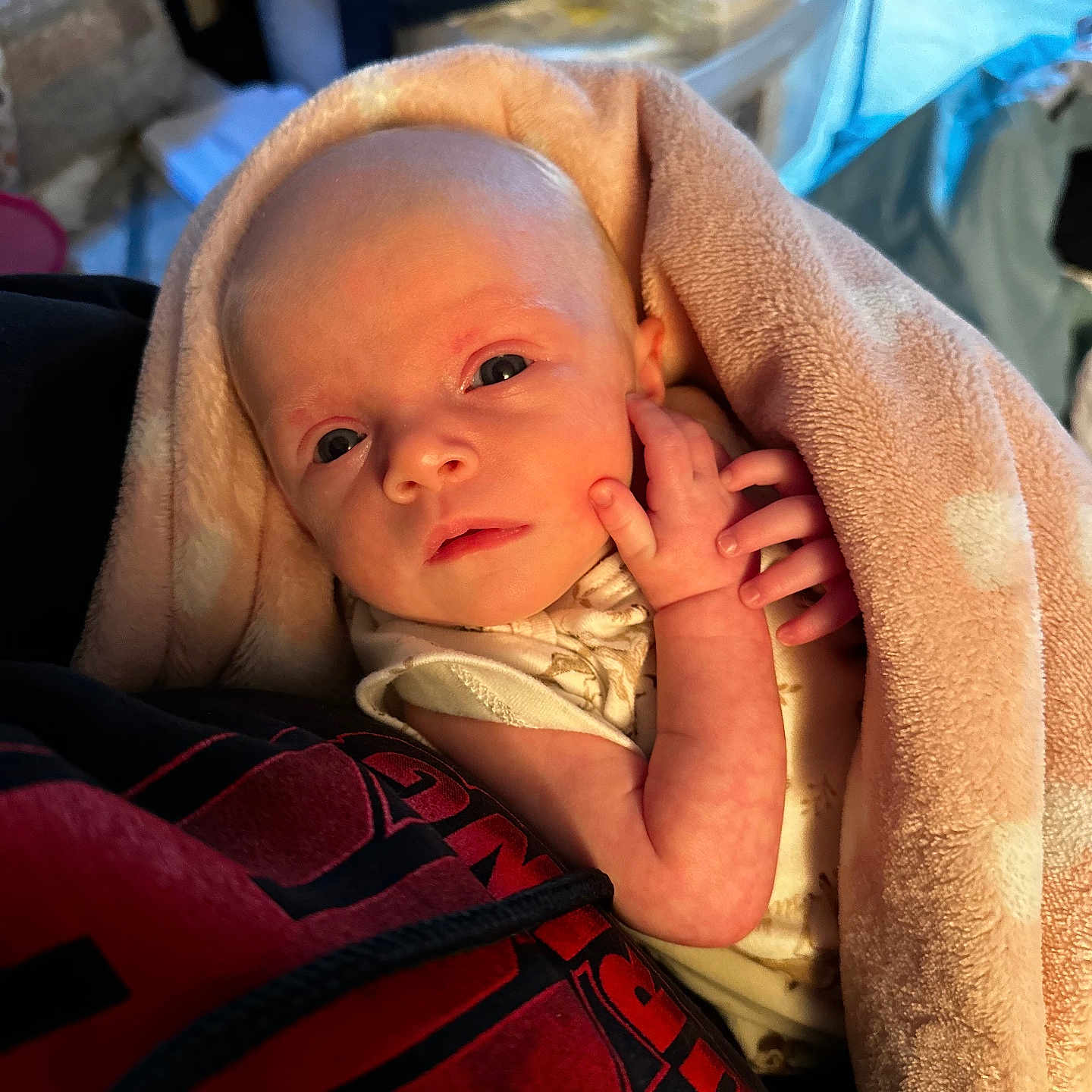 Sadie joined the competition — help win amazing prizes! baby, blanket, bodypart, can, clothing, couch, face, finger, furniture, glove, hand, head, newborn, person, photography, portrait, quilt, sleeping, tin, towel