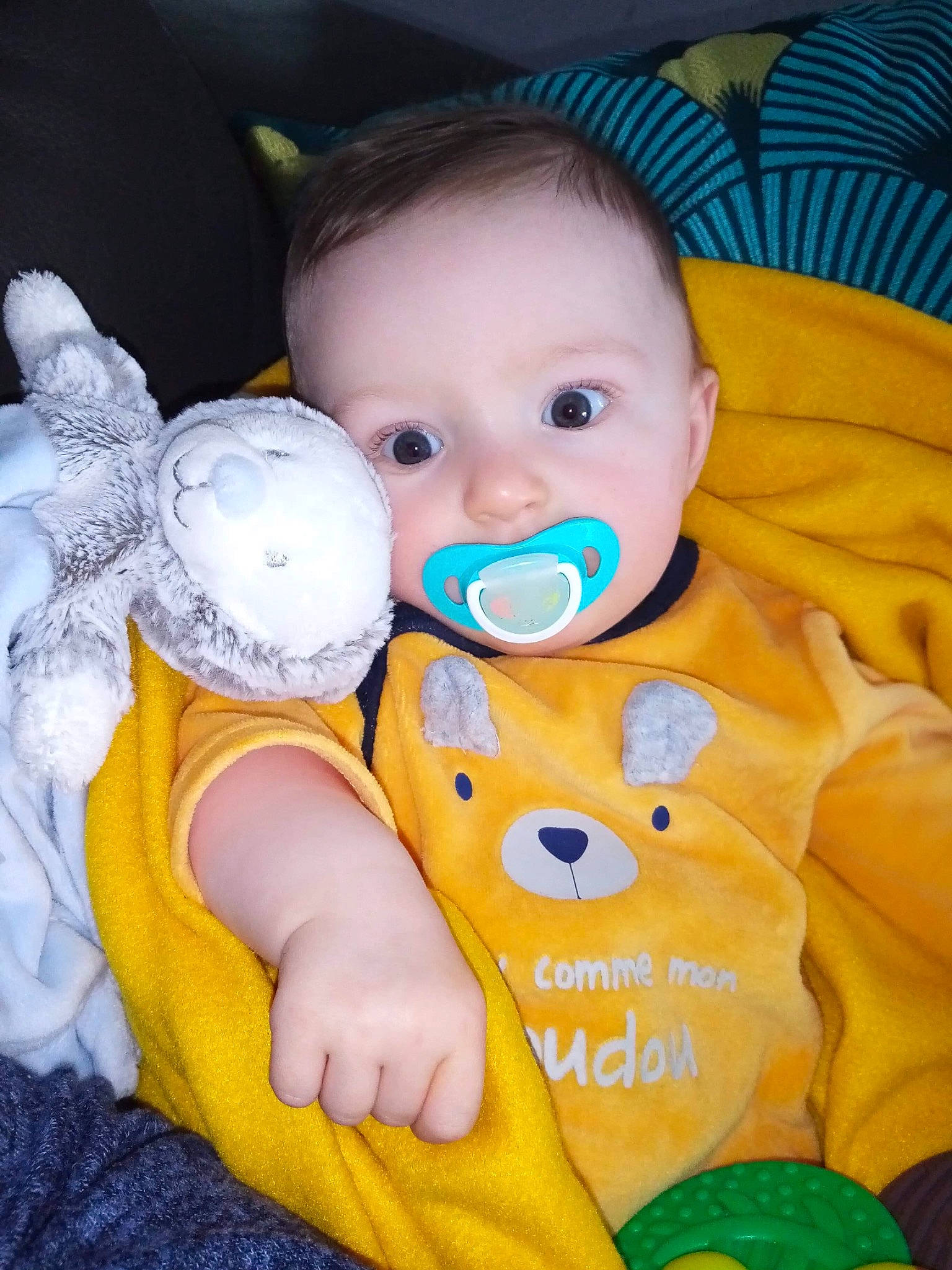 Thyméo a rejoint le concours — aidez-le/la à gagner de superbes lots ! azure, baby, baby_products, baby_toddler_clothing, cheek, child, comfort, face, fun, gesture, happy, head, nose, person, product, skin, sleeve, stuffed_toy, textile, toddler