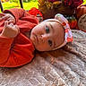 baby, infant, child, portrait, lying_down, orange_outfit, headband, blanket, autumn, fall, pumpkins, leaves, seasonal_decor, indoor, window, cozy, smiling, blue_eyes, photography, wooden_sign