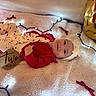 baby, infant, two_months, lying_down, portrait, face, smiling, holiday, christmas, festive, red_clothing, heart_pattern, headband, blanket, string_lights, balloons, bows, milestone_sign, indoor, celebration