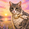 cat, tabby_cat, ribbon, wildflowers, meadow, sunset, lake, nature, flowers, sky, clouds, landscape, animal, portrait, feline, outdoor, scenery, colorful, peaceful, art