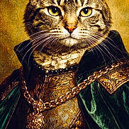 Maisie The Maze is registered to the contest to win money with this photo: cat, portrait, regal, medieval, costume, cloak, gold_chain, feline, animal, closeup, face, whiskers, fur, green, gold, ornate, luxury, historical, noble, serious