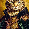 cat, portrait, regal, medieval, costume, cloak, gold_chain, feline, animal, closeup, face, whiskers, fur, green, gold, ornate, luxury, historical, noble, serious