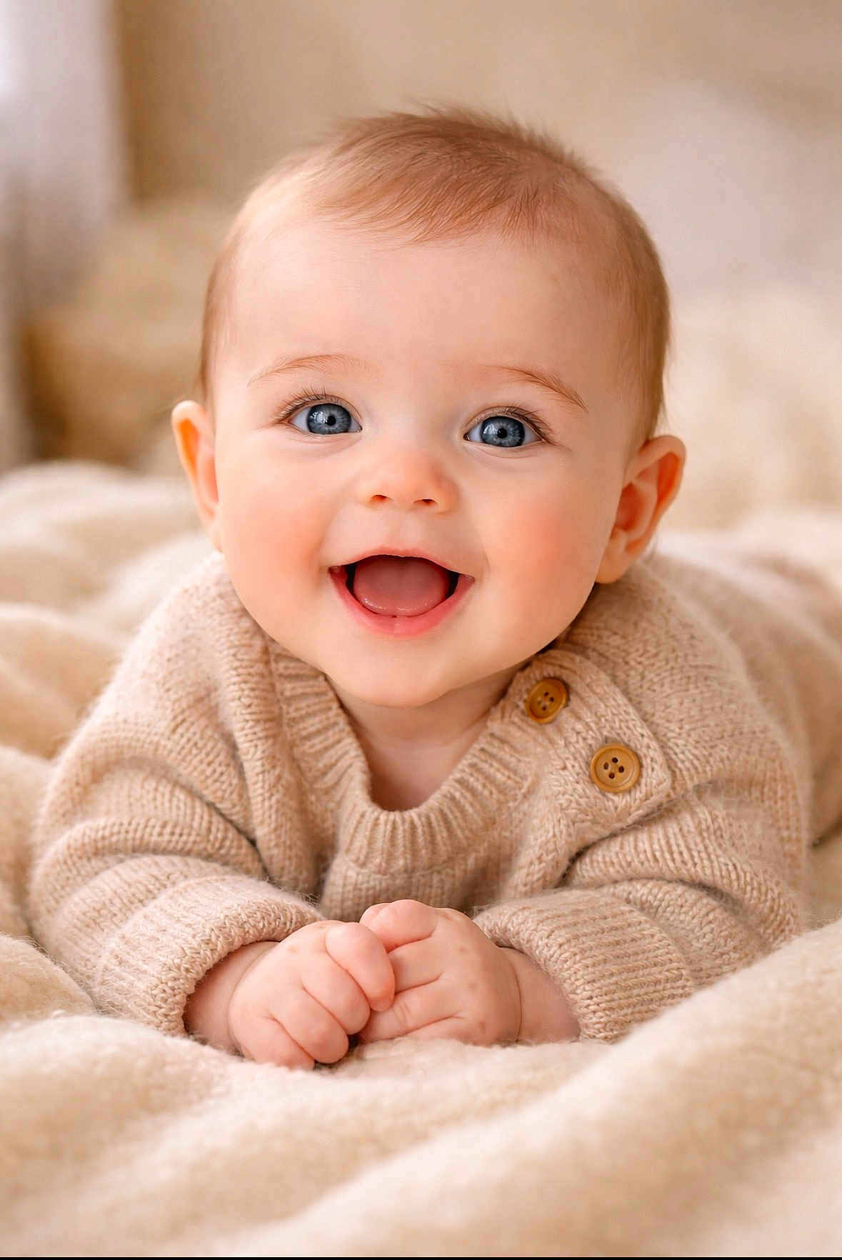 Victor participe au concours pour gagner de l'argent avec cette photo : baby, smiling, blue_eyes, knitted_sweater, wooden_buttons, cozy, blanket, soft_texture, cute, happy, infant, portrait, child, laying_down, hands_together, close_up, indoor, warm_colors, skin, face