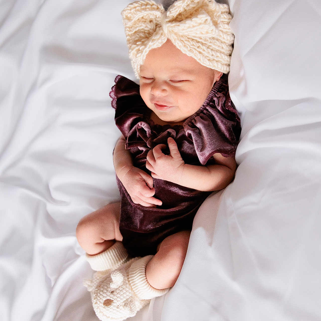 Verayla joined the competition — help win amazing prizes! adorable, baby, blanket, booties, child, cozy, cute, feet, hands, infant, knit_headband, newborn, portrait, purple_outfit, resting, sleep, sleeping, soft, white, wrapped