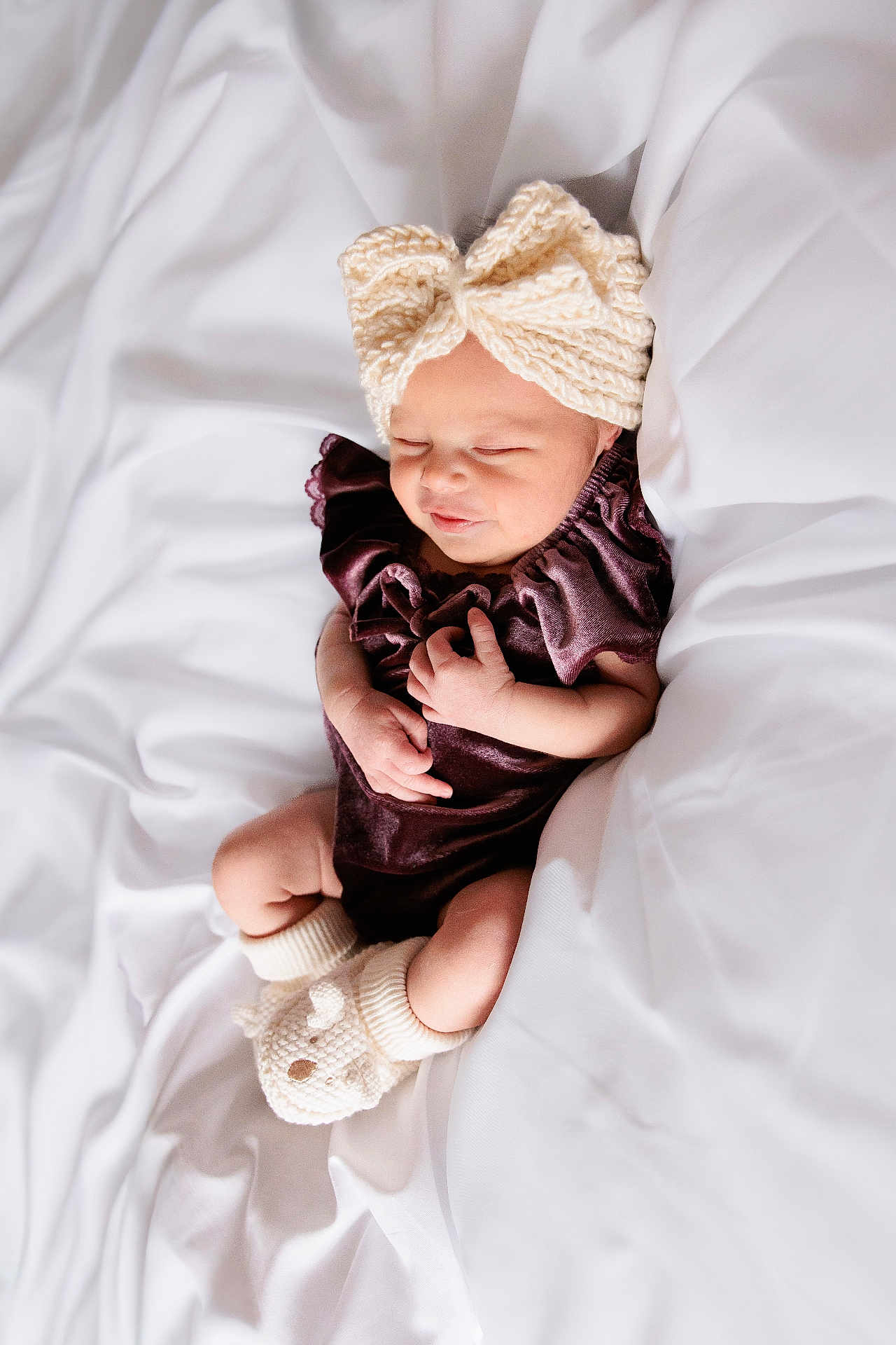 Verayla joined the competition — help win amazing prizes! baby, newborn, sleeping, purple_outfit, knit_headband, booties, blanket, white, cozy, infant, cute, sleep, soft, wrapped, hands, feet, portrait, child, adorable, resting