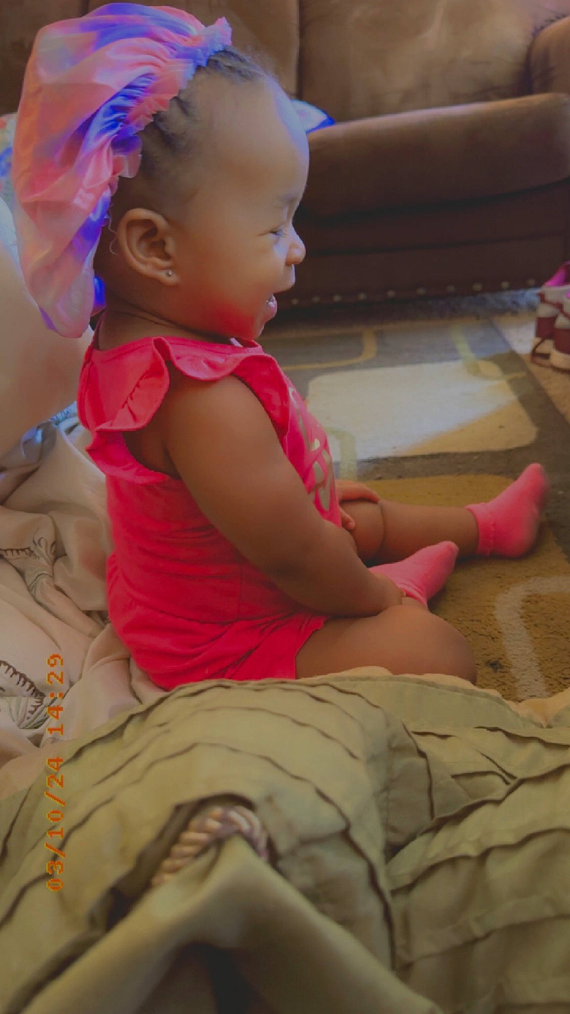 Giovanna joined the competition — help win amazing prizes! baby, baby_toddler_clothing, cheek, child, comfort, facial_expression, finger, flooring, fun, happy, human_leg, magenta, mouth, person, pink, purple, sitting, skin, smile, thigh