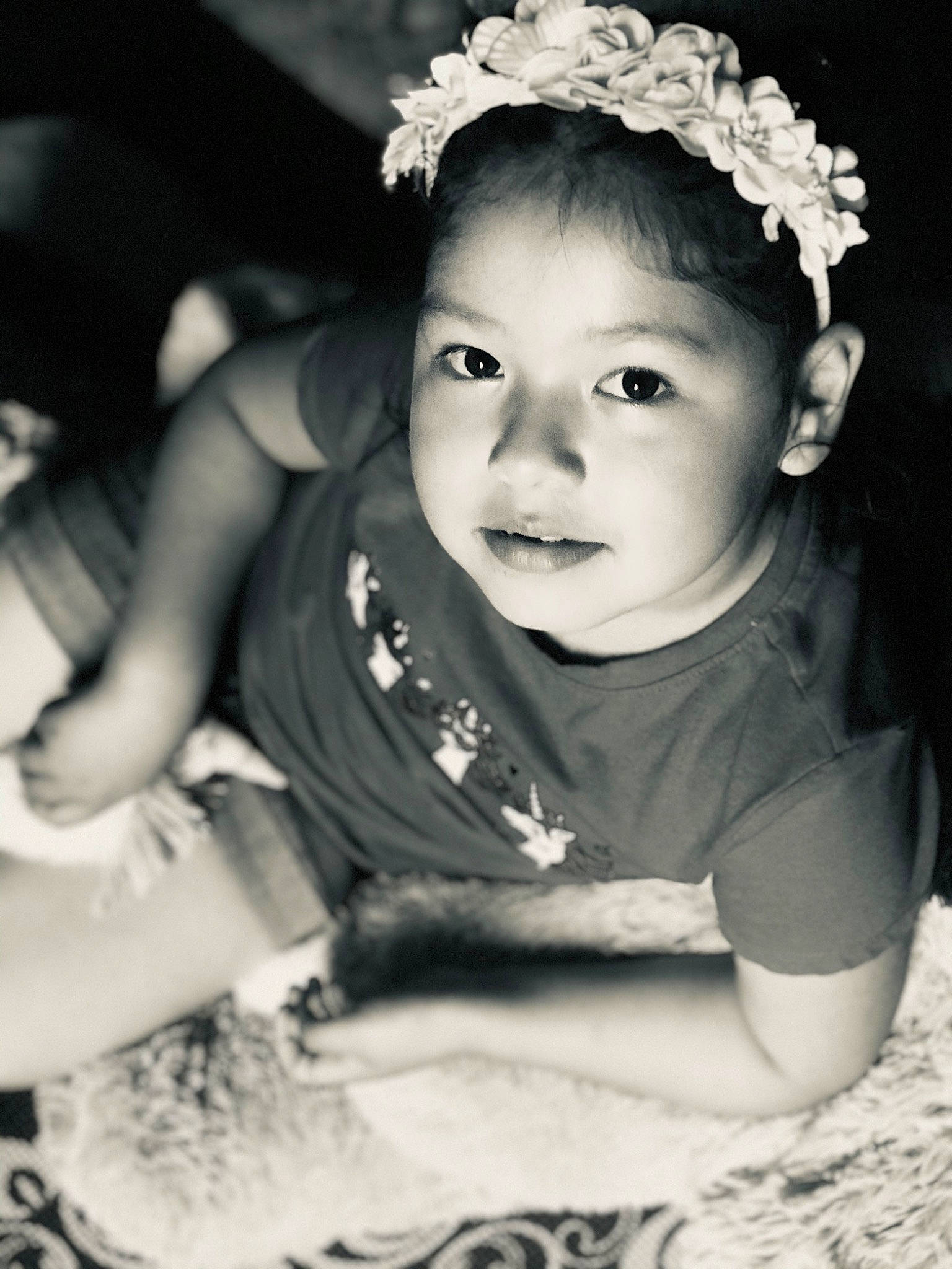 Cassidy Eiza Atayde is registered to the contest to win money with this photo: arm, baby_toddler_clothing, black, black_and_white, cheek, cool, flash_photography, fun, grass, hairstyle, happy, headgear, headpiece, human, iris, person, photograph, skin, style, toddler