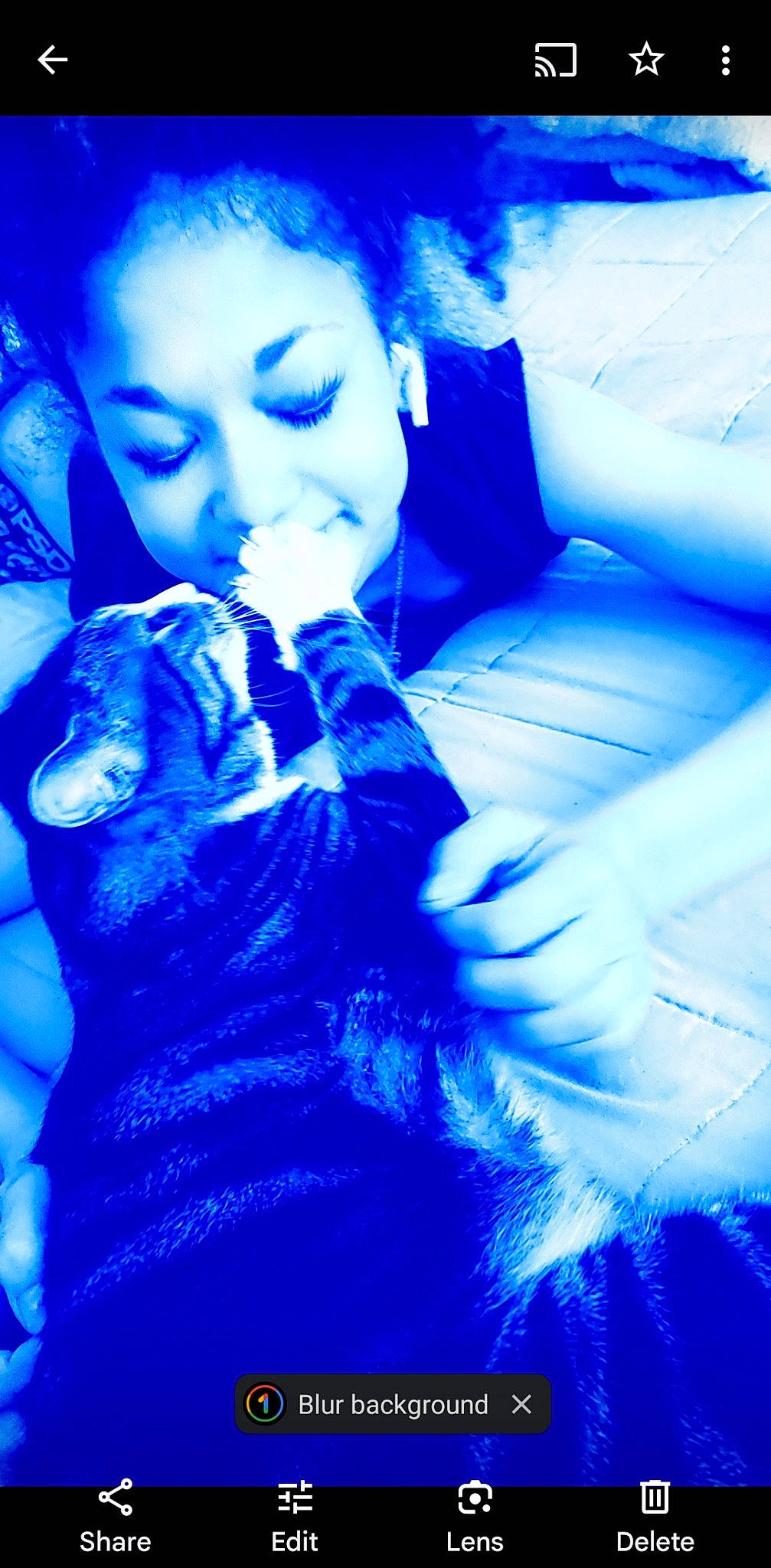 Flower is registered to the contest to win money with this photo: azure, blue, carnivore, electric_blue, entertainment, event, eye, flash_photography, fun, fur, gesture, happy, human_body, long_hair, magenta, performance, performing_arts, plant, purple, water