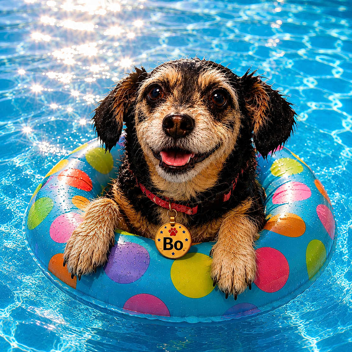 Bo is registered to the contest to win money with this photo: dog, swimming_pool, water, float_ring, wet, sunlight, reflection, colorful, polka_dot, pet, summer, happy, animal, collar, tag, playful, canine, outdoor, smiling, closeup
