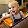 Hayes joined the competition — help win amazing prizes! toddler, child, baby, smiling, happy, portrait, blue_eyes, blond_hair, teeth, overalls, indoor, home, wooden_floor, table, furniture, close_up, looking_at_camera, joyful, candid, family_photo