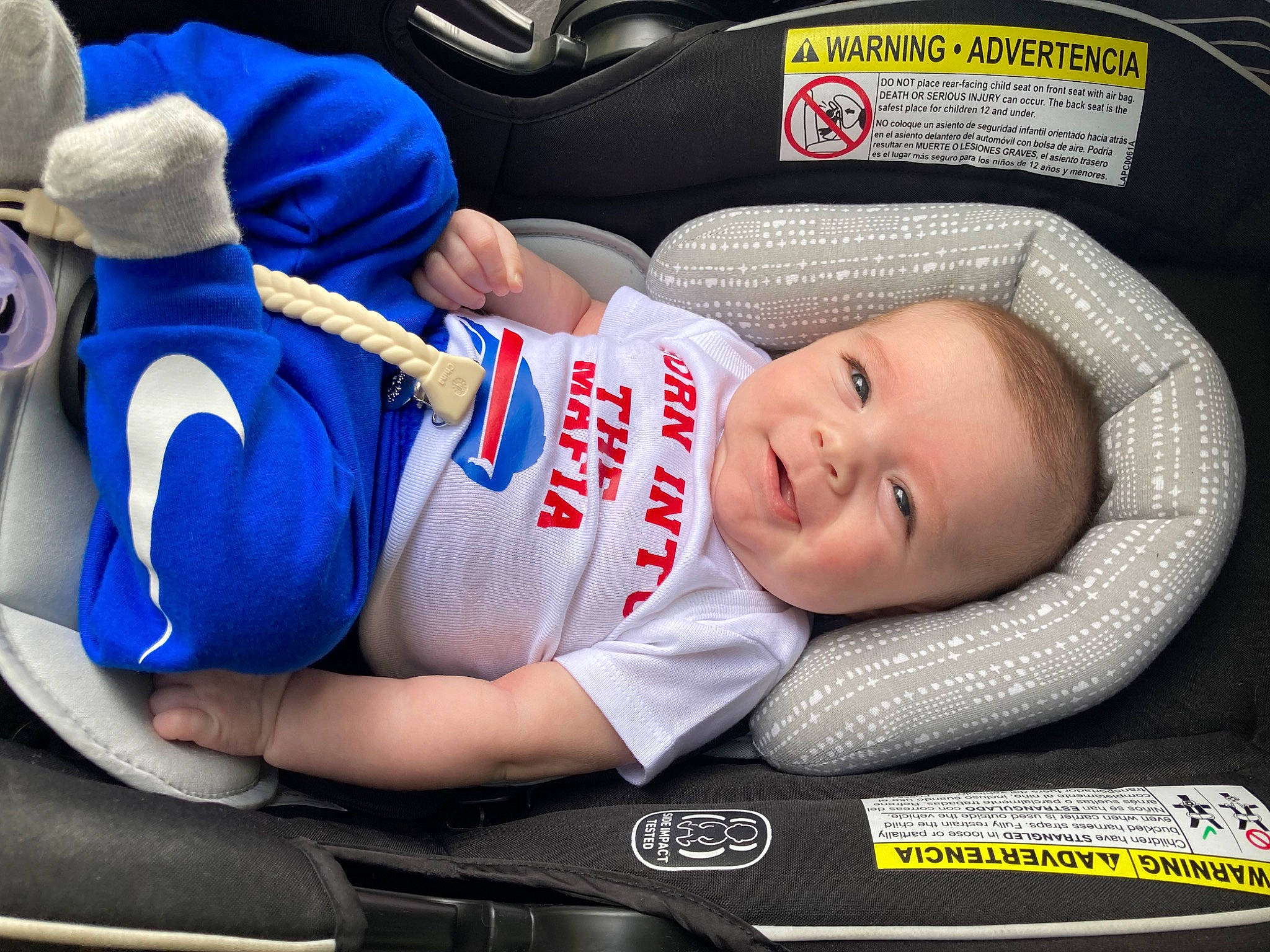Kylie joined the competition — help win amazing prizes! baby, baby_carriage, baby_in_car_seat, baby_products, baby_toddler_clothing, baseball_cap, blue, cap, car_seat, carmine, child, comfort, elbow, electric_blue, facial_expression, hat, knee, person, personal_protective_equipment, smile