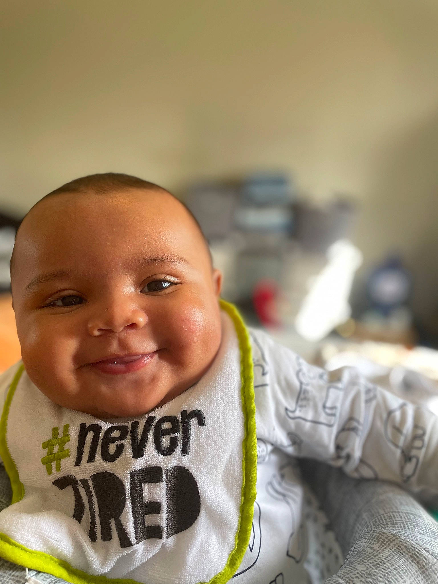 Allen joined the competition — help win amazing prizes! audio_equipment, baby, baby_products, cheek, child, eyebrow, face, fun, gesture, happy, jacket, joy, laugh, nose, person, personal_protective_equipment, sitting, skin, smile, sports_gear