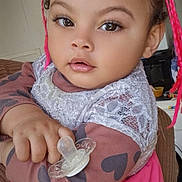 Nihya participe au concours pour gagner de l'argent avec cette photo : toddler, child, baby, face, pacifier, pink, braids, lace, clothing, indoor, person, cute, expression, closeup, hand, holding, sitting, furniture, home, portrait