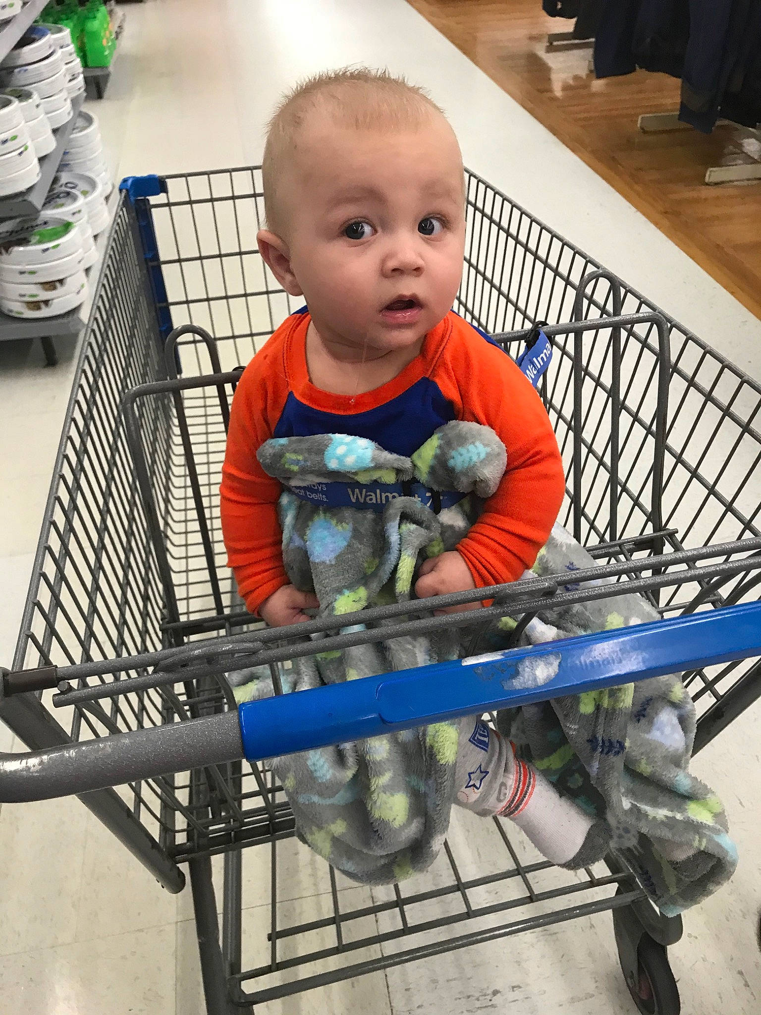 Grayson is registered to the contest to win money with this photo: baby, cart, child, person, product, shopping_cart, surprise, toddler, vehicle