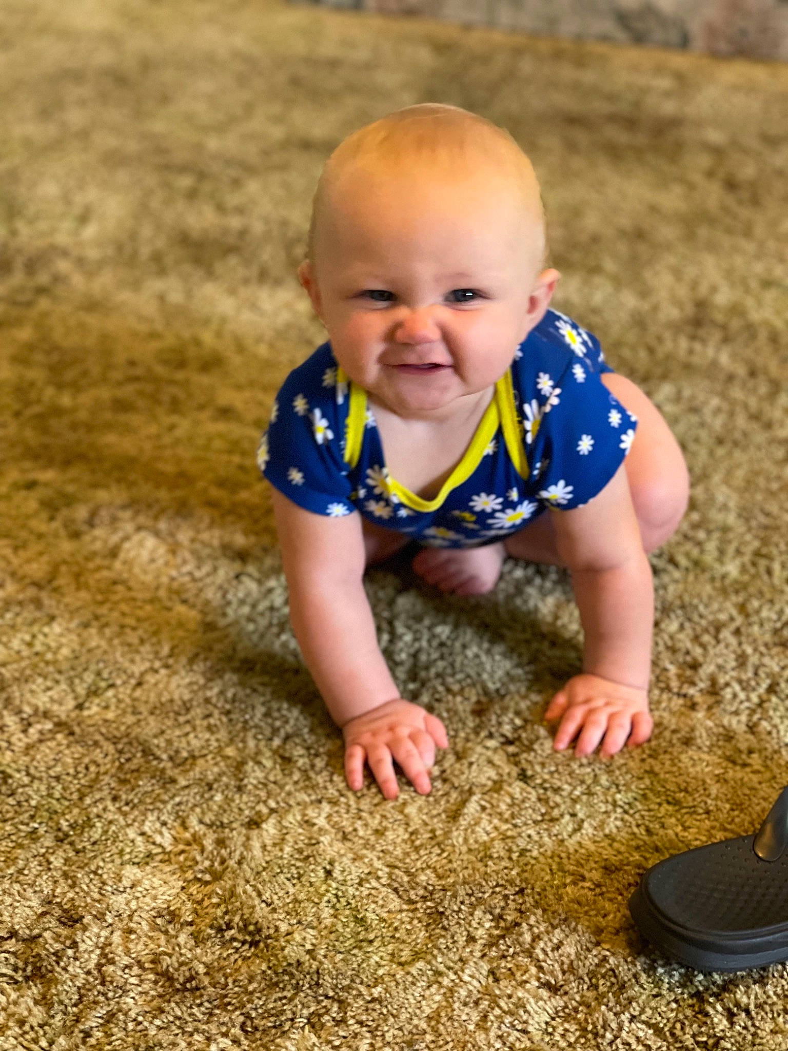 Jaelyn is registered to the contest to win money with this photo: baby, baby_toddler_clothing, crawling, dress, eye, facial_expression, finger, flooring, grass, hand, happy, human_body, people_in_nature, person, plant, skin, smile, t_shirt, toddler, tree