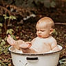 baby, child, outdoor, basin, feet, nature, greenery, infant, skin, cute, expression, leaves, ground, sitting, barefoot, summer, young, water, playful, portrait