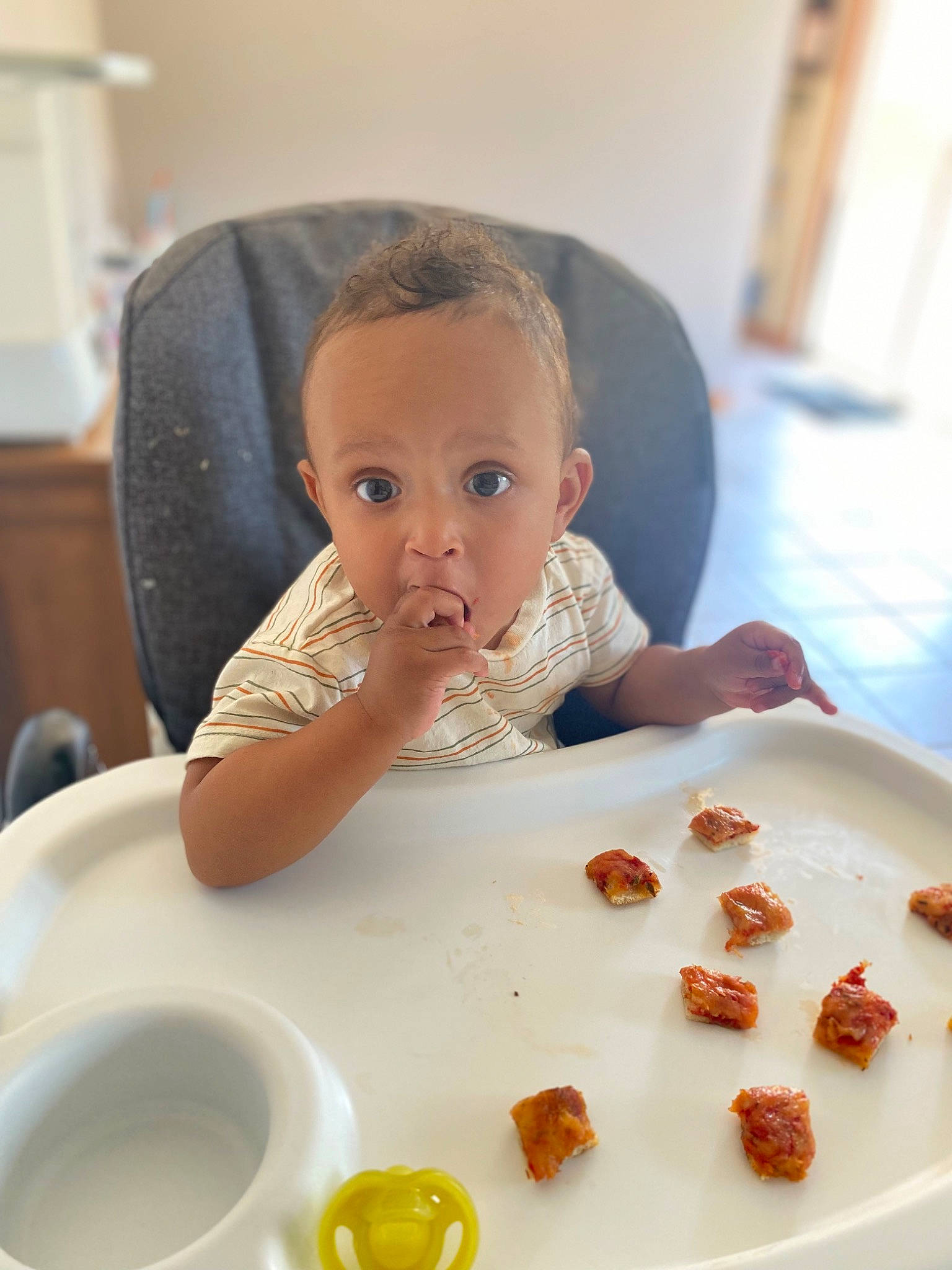 Caiden joined the competition — help win amazing prizes! baby, chair, comfort_food, cooking, cuisine, dish, dishware, drinkware, eating, finger, finger_food, food, ingredient, person, plate, recipe, serveware, surprise, sweetness, table