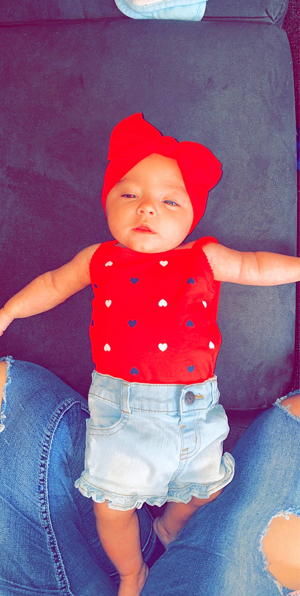 Carleigh joined the competition — help win amazing prizes! abdomen, baby, baby_products, baby_toddler_clothing, child, clothing, design, headgear, headwear, jeans, outerwear, pattern, person, pink, polka_dot, product, red, sleeve, smile, t_shirt