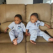 Sokowonchin is registered to the contest to win money with this photo: toddler, child, couch, living_room, matching_outfits, footwear_free, indoor, furniture, portrait, seated, curious, home, window_blinds, painting, skin, person, two_children, barefoot, relaxed, casual