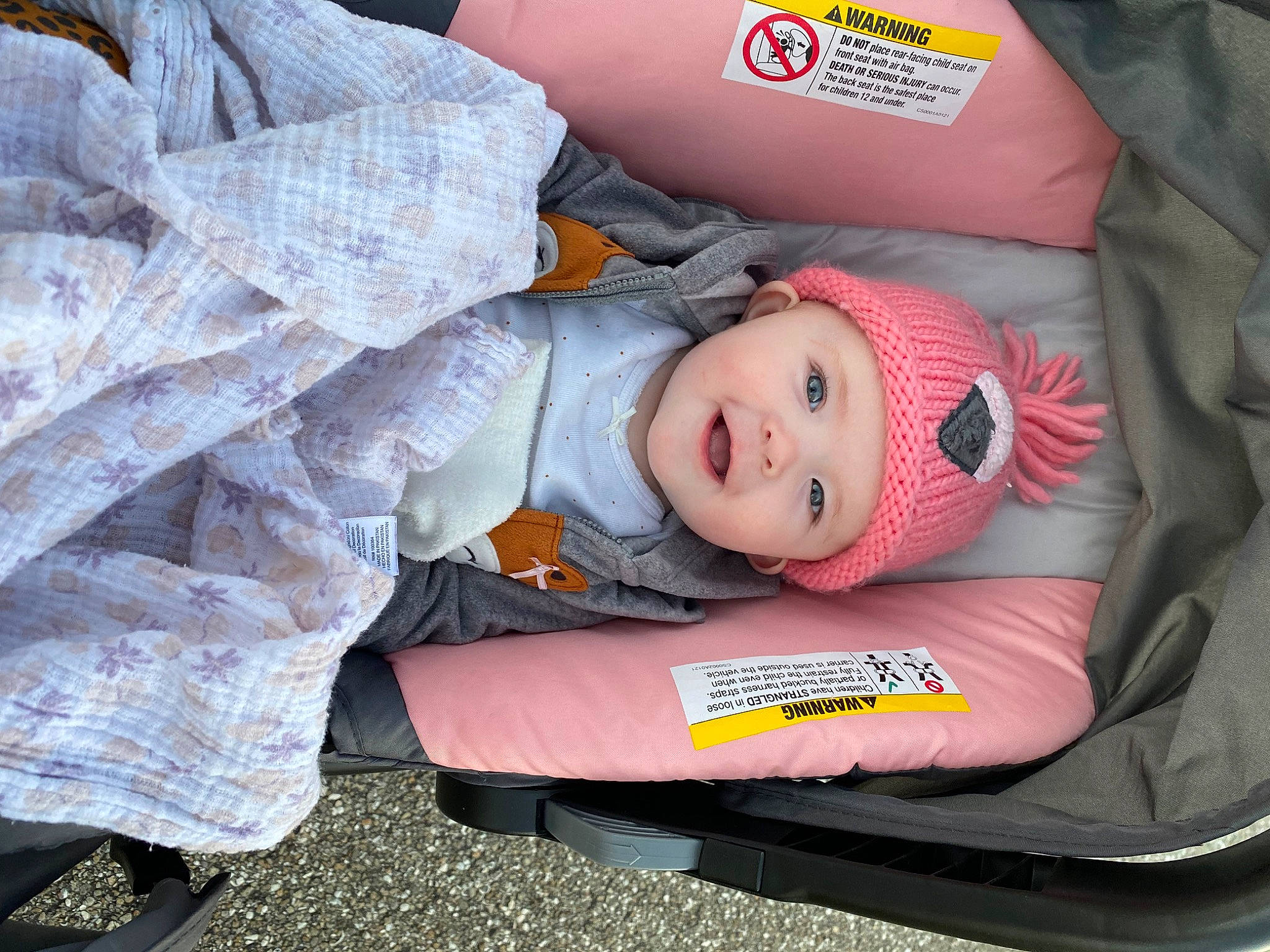 Addison joined the competition — help win amazing prizes! baby, baby_carriage, baby_products, baby_toddler_clothing, baggage, car_seat, carmine, child, comfort, family_car, grass, headwear, lap, person, sitting, smile, toddler