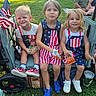 child, children, kids, smiling, overalls, american_flag, snack, grass, outdoor, summer, patriotic, shoe, sitting, wagon, toy, happy, people, casual, fun, daytime