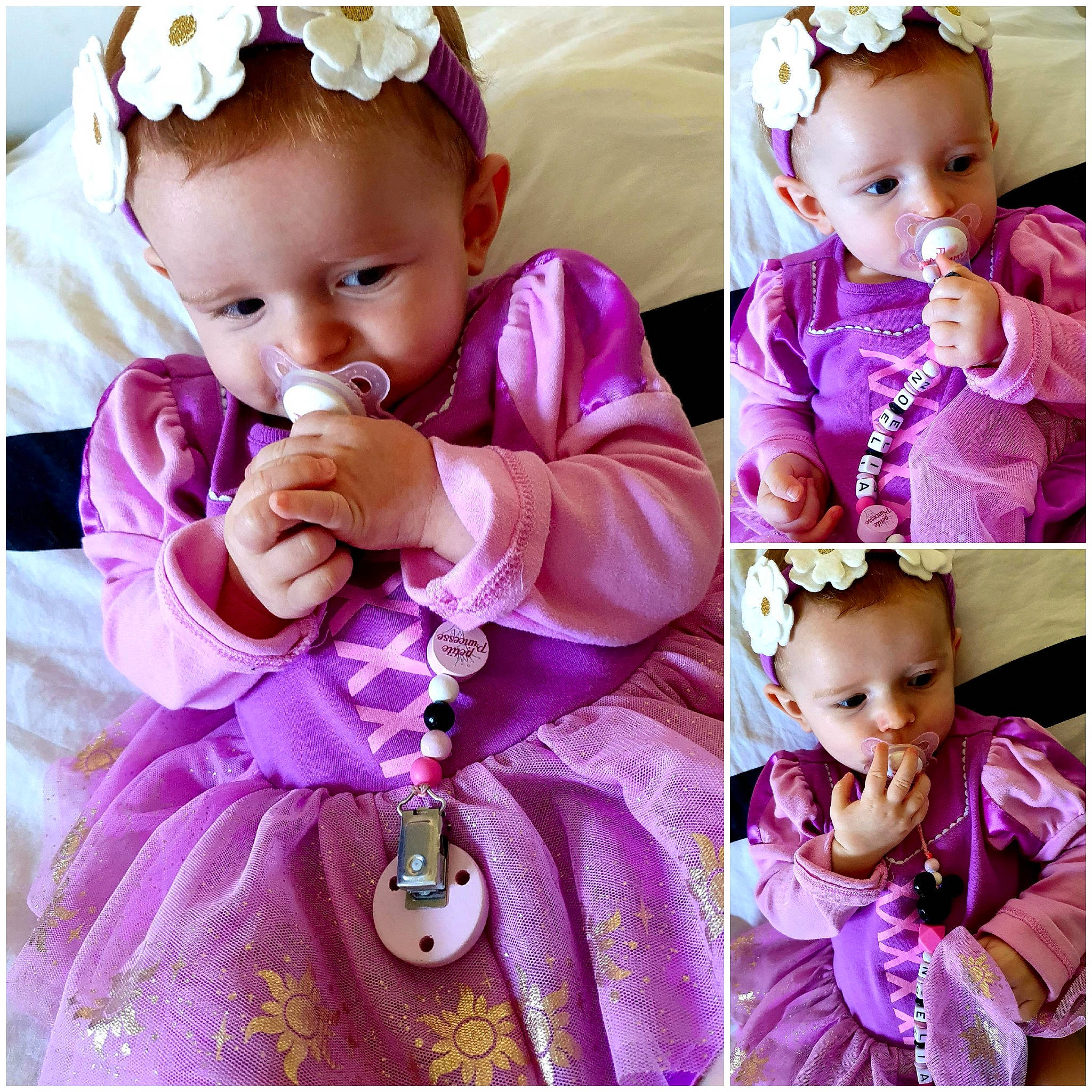 Noëlia participe au concours pour gagner de l'argent avec cette photo : baby, baby_toddler_clothing, cheek, child, child_model, dress, ear, eye, fashion_accessory, hair_accessory, headband, headgear, headpiece, person, photography, pink, product, purple, smile, toddler