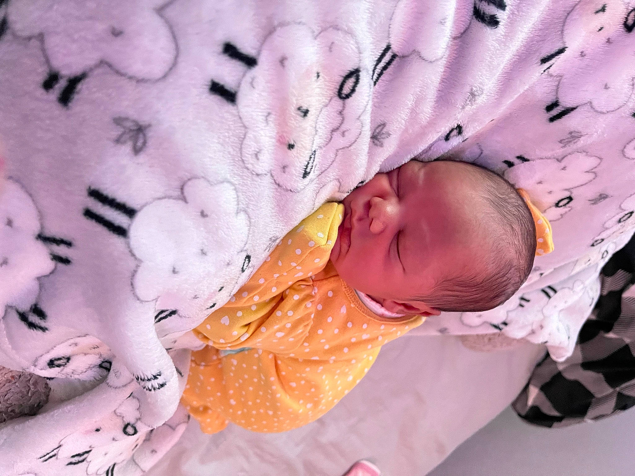 Kataleya is registered to the contest to win money with this photo: baby, baby_products, baby_safety, baby_sleeping, baby_toddler_clothing, bed, bed_sheet, bedding, bedtime, child, comfort, infant_bed, linens, nap, pattern, peach, person, pink, purple, room