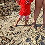 toddler, child, beach, sand, seaweed, bucket_hat, red_tshirt, pink_shorts, holding_hand, adult_legs, bare_feet, footprints, shoreline, sunny, outdoor, portrait, small_child, summer, walking, family