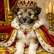 Alba a rejoint le concours — aidez-le/la à gagner de superbes lots ! animal, candles, cape, crown, cute, decor, dog, fur, gold, indoor, jewels, luxury, necklace, pet, portrait, puppy, red, royalty, scepter, throne
