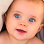 baby, blanket, blue_eyes, close_up, cute, face, infant, innocent, looking_up, mouth_open, newborn, person, portrait, skin, smiling, soft_texture, toddler, warm, wrapped, young_child