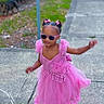 Viviana joined the competition — help win amazing prizes! child, girl, pink_dress, sunglasses, sidewalk, grass, dog, hair_bows, outdoor, walking, cute, fashion, summer, pet, happy, casual, person, portrait, playful, fun