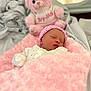 newborn, baby, sleeping, pink_blanket, pink_hat, teddy_bear, soft_toy, bed, cozy, infant, cute, portrait, closeup, indoor, blanket, knit, child, comfort, resting, peaceful
