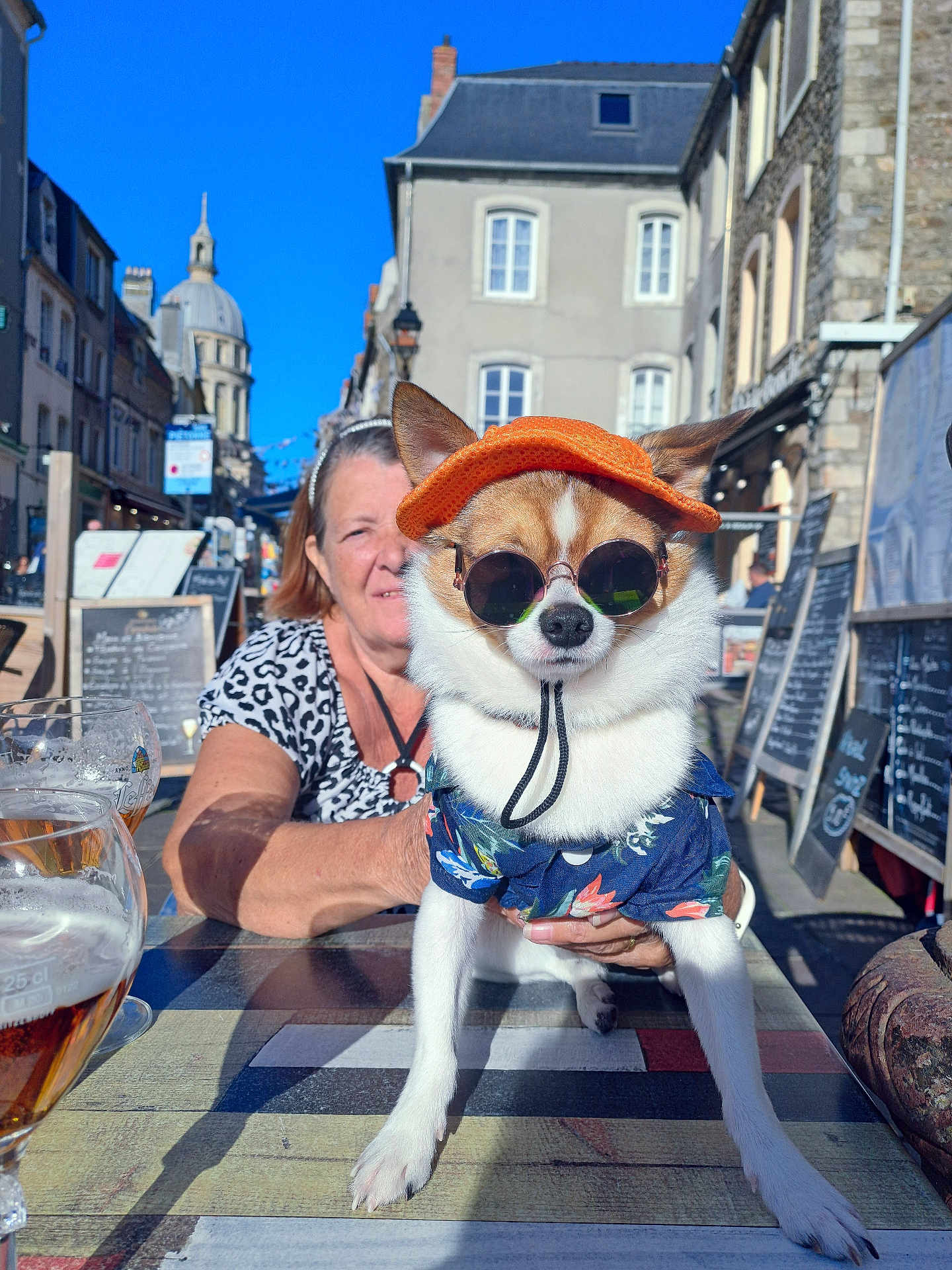 Speed a rejoint le concours — aidez-le/la à gagner de superbes lots ! dog, animal, pet, orange_visor, sunglasses, floral_shirt, table, woman, outdoor, street, building, blue_sky, beer_glass, sunny, smiling, leopard_print, person, casual, summer, urban