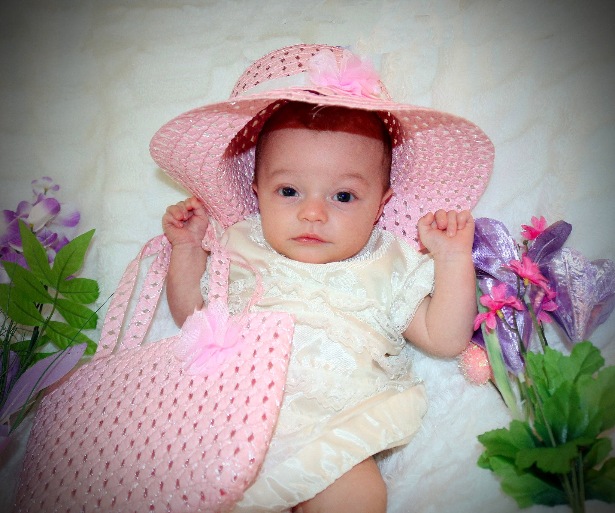 Aurielle is registered to the contest to win money with this photo: baby, baby_toddler_clothing, beauty, child, child_model, clothing, dress, eye, fashion_accessory, hat, headgear, pattern, person, pink, plant, product, skin, smile, sun_hat, toddler