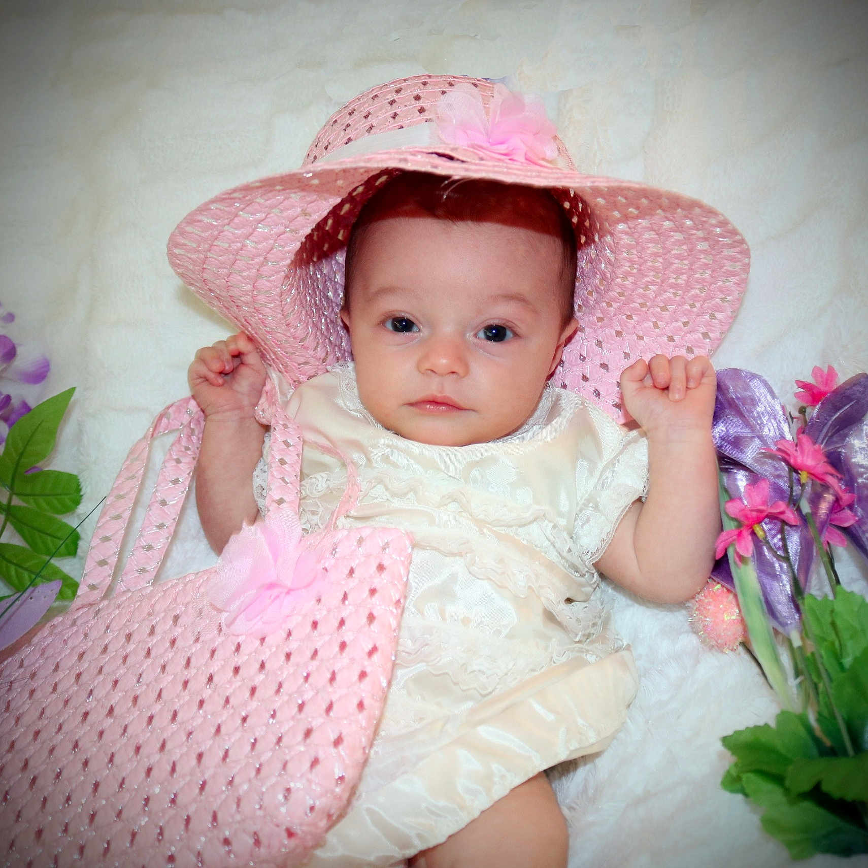 Aurielle is registered to the contest to win money with this photo: baby, baby_toddler_clothing, beauty, child, child_model, clothing, dress, eye, fashion_accessory, hat, headgear, pattern, person, pink, plant, product, skin, smile, sun_hat, toddler