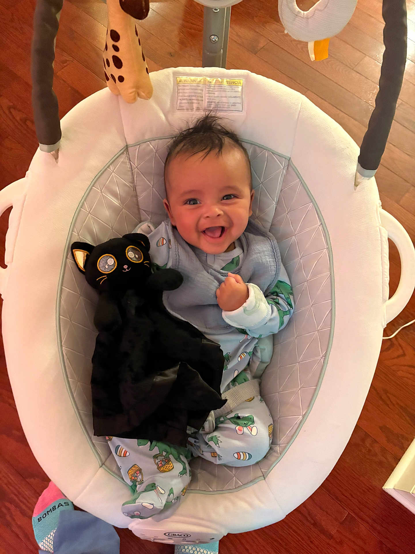Bryson is registered to the contest to win money with this photo: baby, infant, smiling, baby_bouncer, plush_toy, black_cat, pajamas, onesie, hardwood_floor, toy, baby_swing, portrait, happy, sitting, buckled, flooring, soft_lighting, cute, indoors, seat_padding