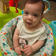Halle joined the competition — help win amazing prizes! baby, child, infant, smiling, seat, baby_seat, toys, colorful, clothing, cute, face, hands, indoor, carpet, playtime, expression, person, young, happy, mickey_mouse
