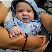 Riley joined the competition — help win amazing prizes! arms, baby, blue_hoodie, bracelet, character_print, child, close_up, cuteness, eyes, face, hands, hoodie, indoor, infant, onesie, portrait, smiling, soft_lighting, stroller, tattoo