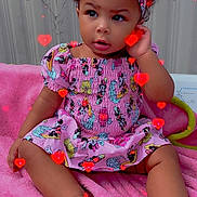 Akari joined the competition — help win amazing prizes! toddler, child, baby, pink_blanket, headband, mickey_mouse, dress, sitting, cute, indoors, portrait, face, feet, hand, curly_hair, expression, colorful, red_hearts, fabric, soft_texture