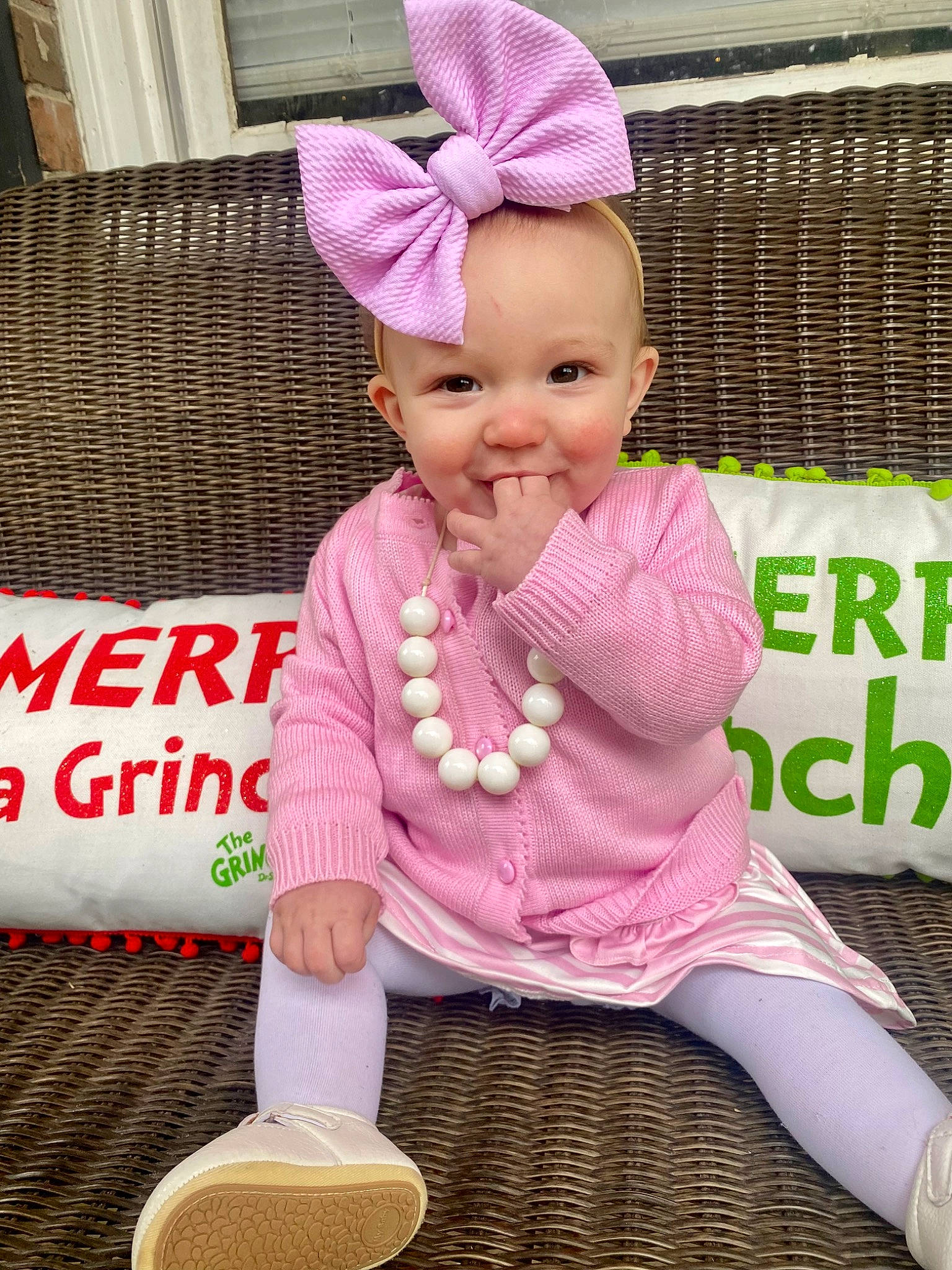 Alaina-lynn is registered to the contest to win money with this photo: baby, baby_toddler_clothing, cap, child, costume_hat, fashion_accessory, fun, happy, headband, headpiece, joy, magenta, pattern, person, pink, purple, sitting, sleeve, smile, toddler