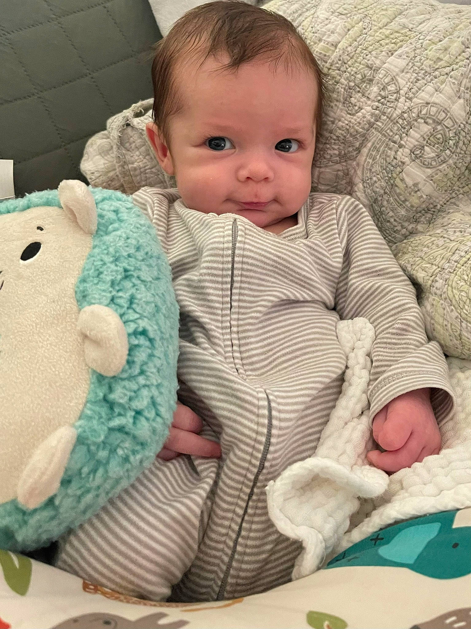 Nicholas joined the competition — help win amazing prizes! arm, baby, baby_products, baby_toddler_clothing, cheek, child, comfort, face, finger, green, linens, outerwear, pattern, person, product, room, sitting, skin, sleeve, textile